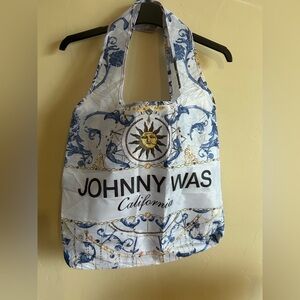 Johnny Was Blue and White Tote with Sun Design